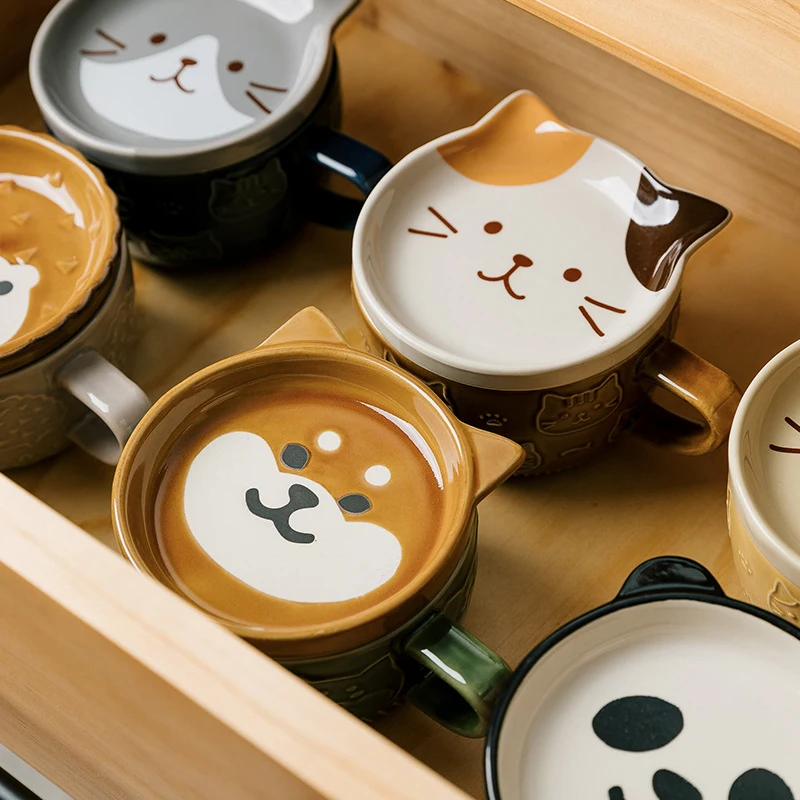 Japonská karikatúra kávový hrnček s mačkovým vzorom veko Malé jedlo roztomilé raňajky šálka kreatívna káva šálka Mlieko šálka darček pre dievča