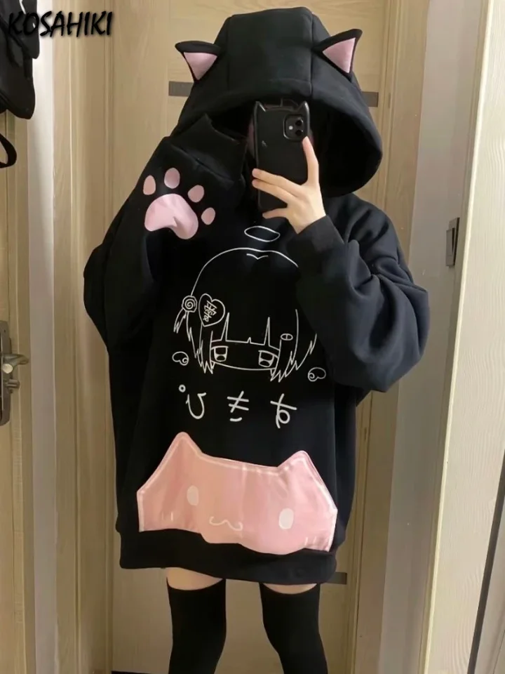 Japonská karikatúra tlač fleece mikiny Ženy harajuku gotické mačky uší s kapucňou vintage kapucňu Streetwear y2k estetická mikina