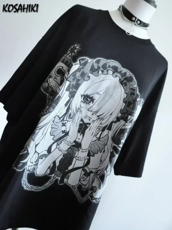 Japonská karikatúra tlač y2k tričká Ženy Harajuku letné príležitostné rozprávkové grafické tričko Vintage topy Tops čierne nadrozmerné estetické tričko