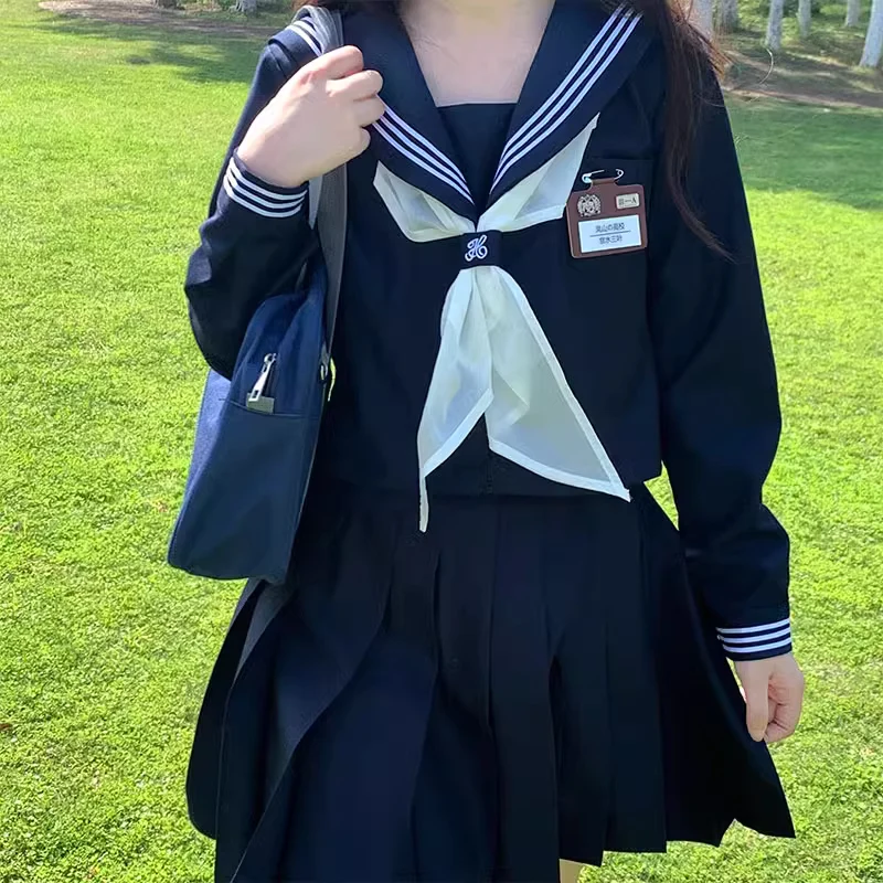 Japonská klasická tmavo modrá s dlhým rukávom Sailory Uniformy biely golier uterák High School JK Uniform Cosplay roztomilé dievča DA020