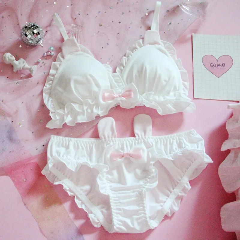Japonská lolita kawaii Bow Ruffle White Underwear Set Sexy Sexy Žena roztomilé králičie uši spodná bielizeň Dámska podprsenka a nohavičky set podprsenky