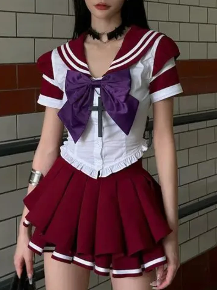 Japonská lolita kawaii dvojdielne set žien čipka France Sweet Cake Suck Suit Female Kórejské obrusové rukávy blúzky ＋ Mini sukňa 2024