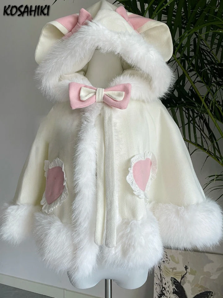Japonská lolita sladká králika uši s kapucňou plášťové plášť Ženy y2k estetická čipka Patchwork Love Coat Harajuku Kawaii Bow bunda