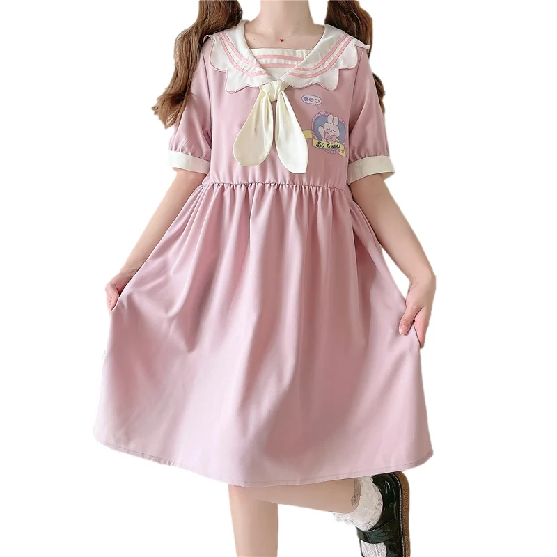Japonská lolita sladké šifónové šaty dievčatá letné ružové roztomilé zajačik králičie Sailor Collar s krátkym rukávom kawaii neformálne modré šaty
