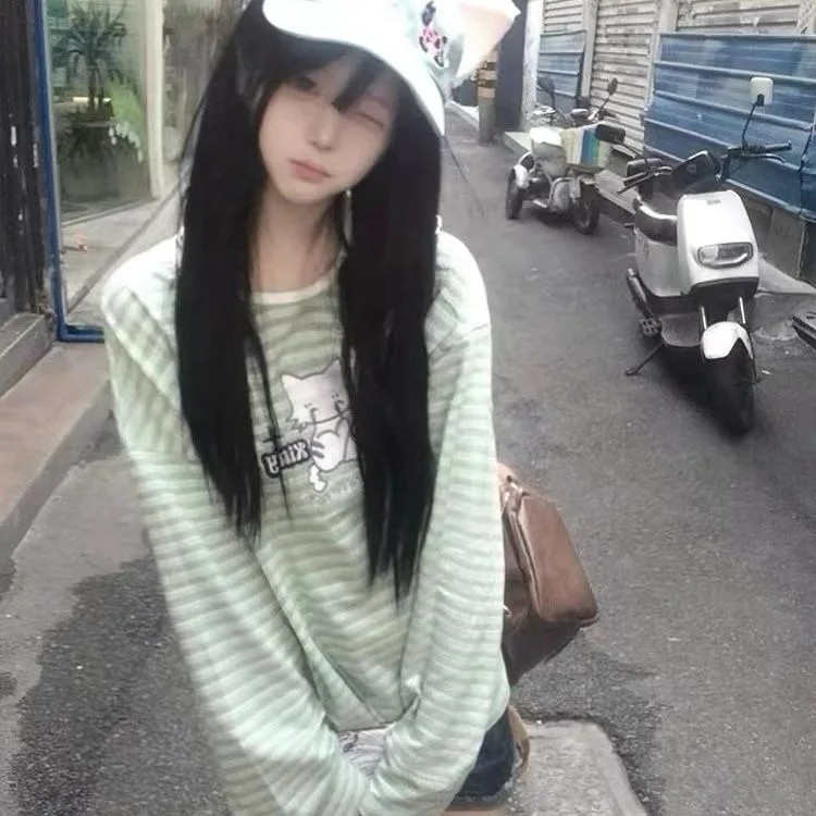 Japonská mačka vyšíva zelené pruhované vrcholy Myer Spring Autumn New O-Neck Pullovers Y2K dlhé rukávové tričko pre ženy