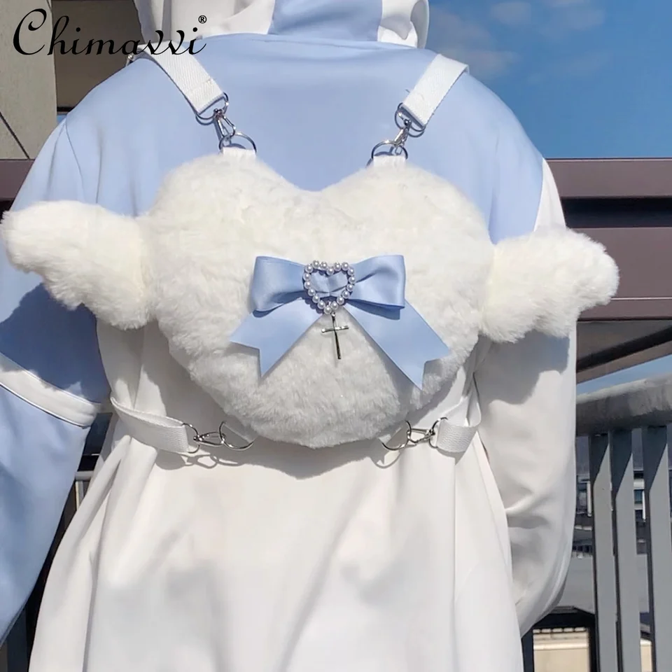 Japonská mine voda farba goth crossbody taška sladká a roztomilá y2k lolita tašky dievčatá kawaii milujú plyšové anjelské krídla mini kabelky
