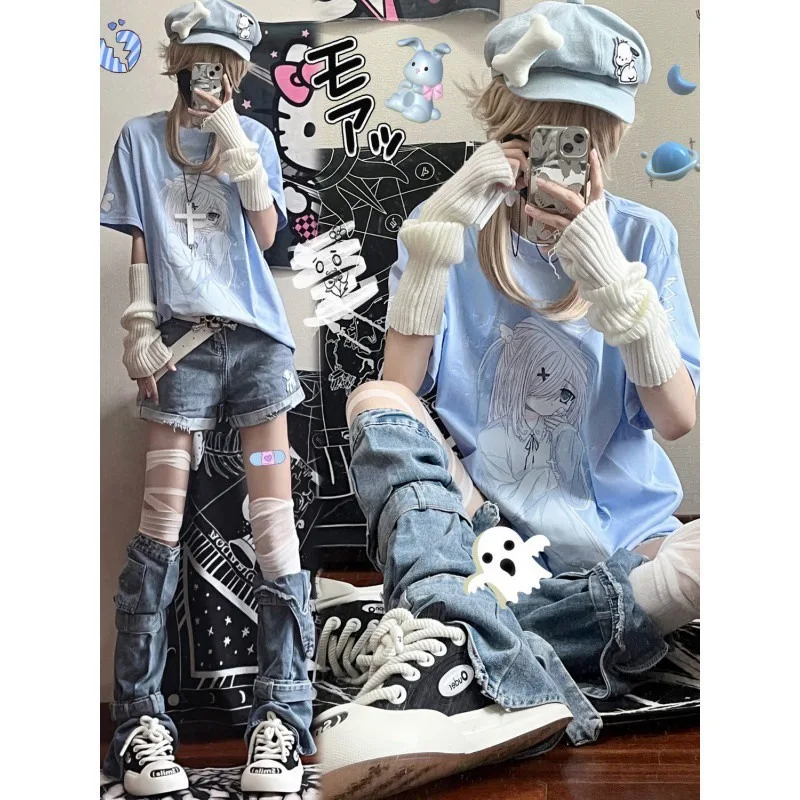 Japonská modrá farba subkultúrna tričko Summer 2024 Boy Girls Loose Short Ruckve Tirls Casy Kawaii Pulovers Nové v topánkach