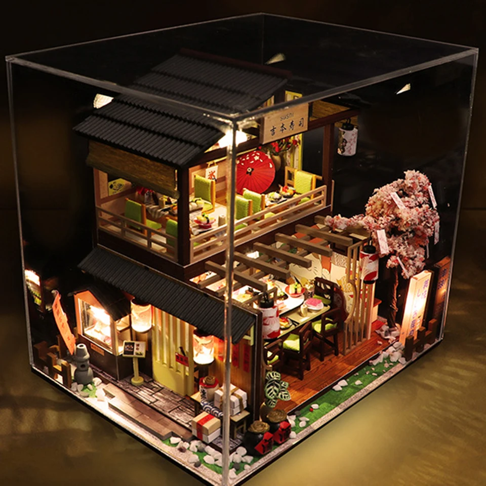 Japonská reštaurácia Sushi Drevená domáci nábytok Miniatúrne zhromaždenie 3D budova ručne vyrábaná 3D drevená miniatúrna hračka pre bábiky