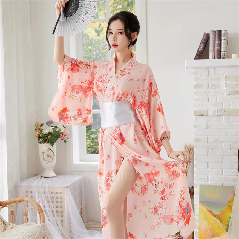 Japonská sakura dievča kimono šaty obi pre ženy kawaii yukata sexy dlhé rúcho kvetinové ženské šifónové japonské pyžamové pyžamy pyžamá
