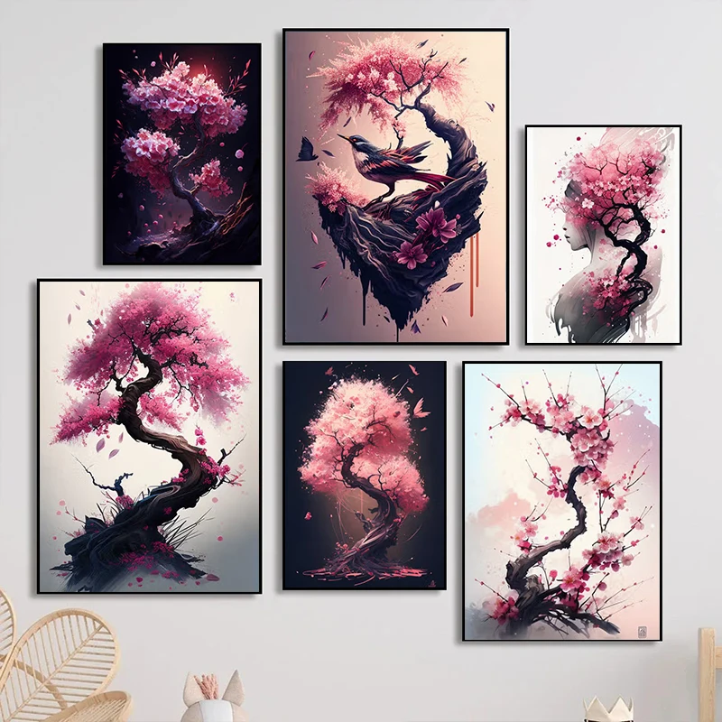 Japonská Sakura Wall Art Plaght Tlač plátno maľba ružový akvarel čerešňový kvet estetické obrázky pre dekoráciu obývacej izby