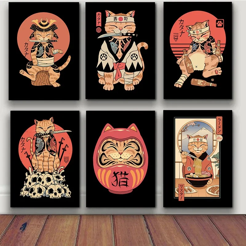 Japonská samurajská mačka Vintage plagáty a výtlačky Sushi Cat Canvas maľba nástenné umelecké obrázky pre barovú kaviareň