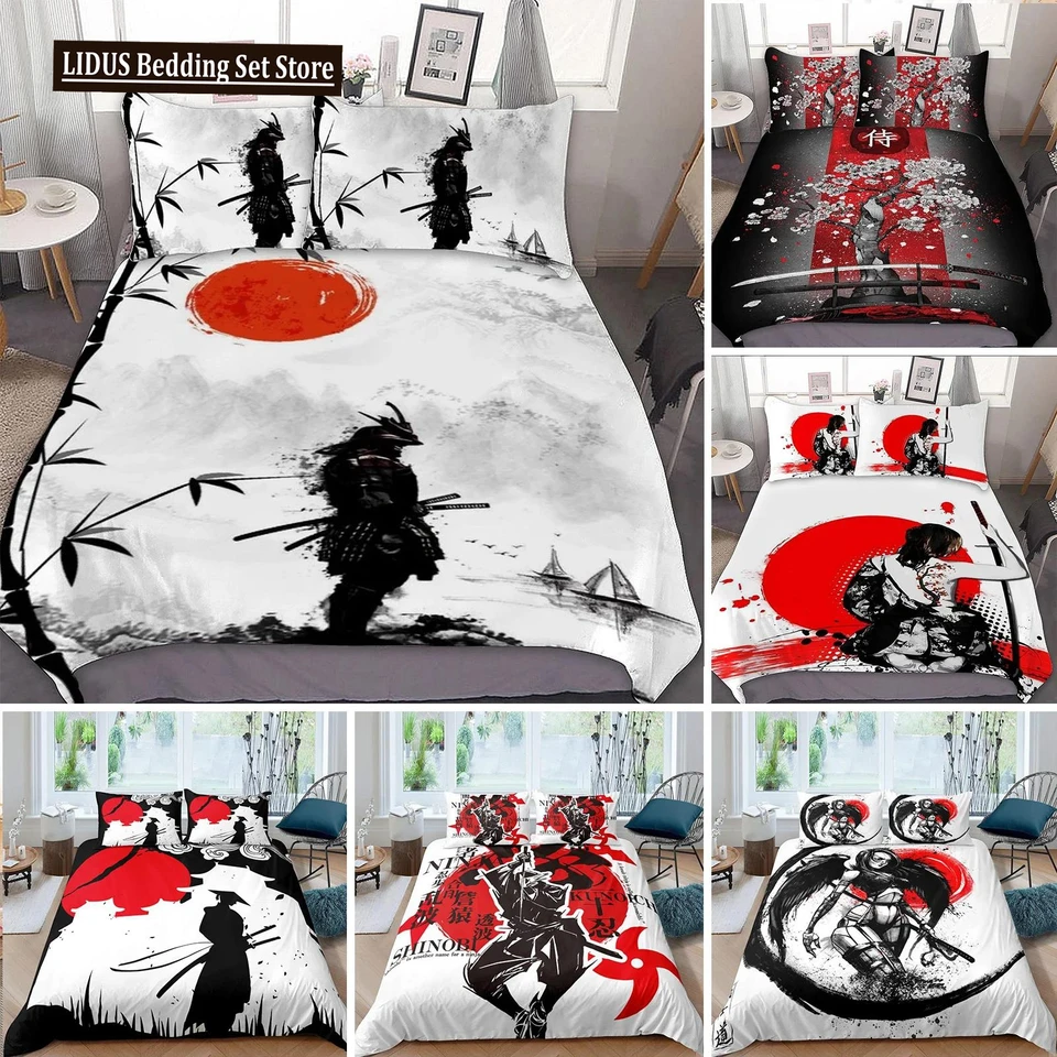 Japonská samurajská posteľná súprava King/Queen/Queen/Plné veľkosti Japonsko Sunset Scerry Budova Silhouette Polyester Cover Cover Men Čierna červená
