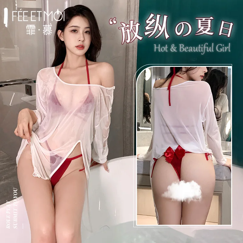 Japonská sieťová perspektíva spodná bielizeň Beach Bikini Trojbodové luky dizajn študent Uniforma Sexy spodná bielizeň podprsenka a nohavičky Vouswear Set