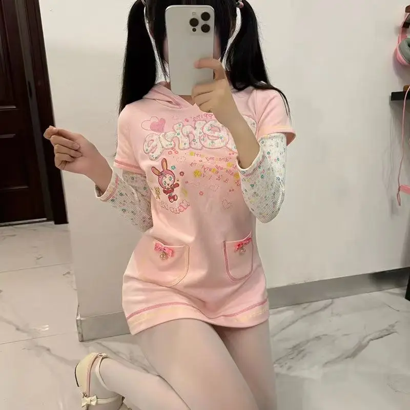 Japonská subkultúra mezopiano kawaii mikiny šaty roztomilý karikatúra tlač s dlhým rukávom šaty dámske štíhle falošné dva A-line miniskirt