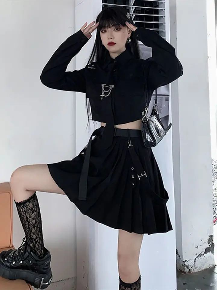 Japonská sukňa Goth sukňa 2ks Kórejský 2 kusový oblek punk nadmerne nadmerne 4XL Set Academia Estetické sukne čierne kawaii kpop emo alt 2pc 2pc
