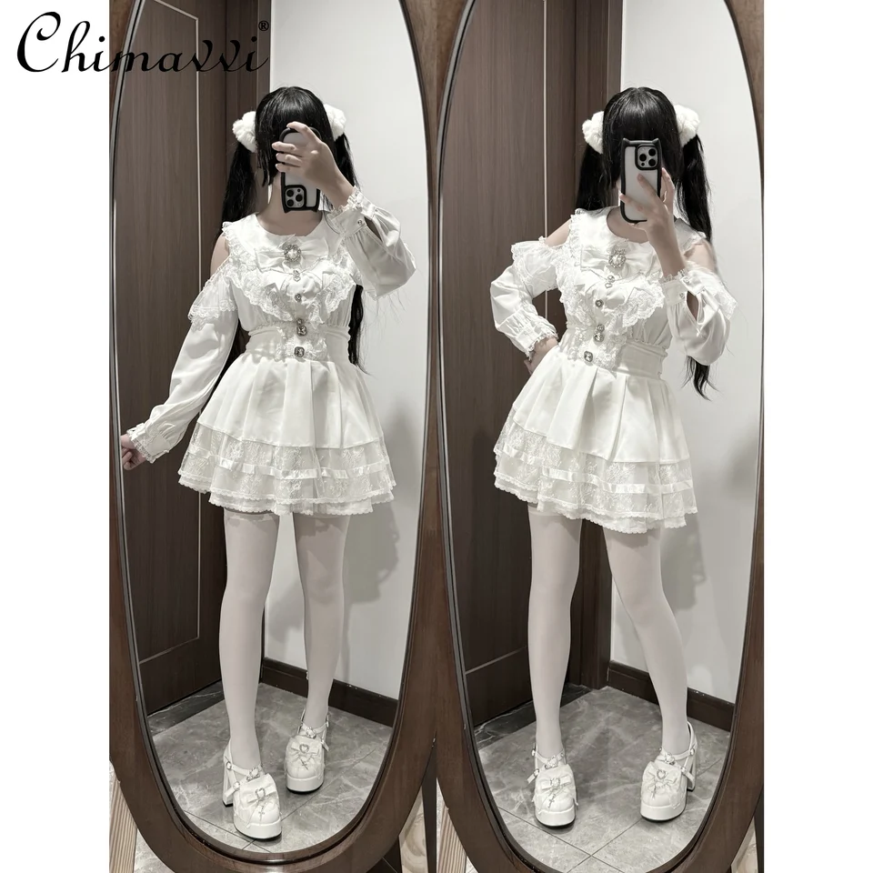 Japonská séria mín Nové jesenné sladké dievčatá čipky zostrihajúca dvojvrstvová krátka sukňa Lolita High Wauisted Black and Biely sukne