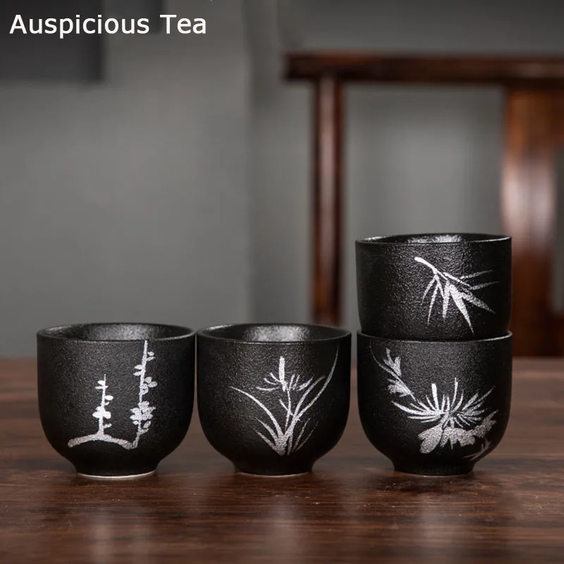 Japonská čierna hrnčiarska keramická čajová šálka Kung Fu Fu TEA SET Ručne maľovaná lotos bambus rým Rhyme MASTER KUNG FU FU TEA SEA SEACUP ČEAWAWARE