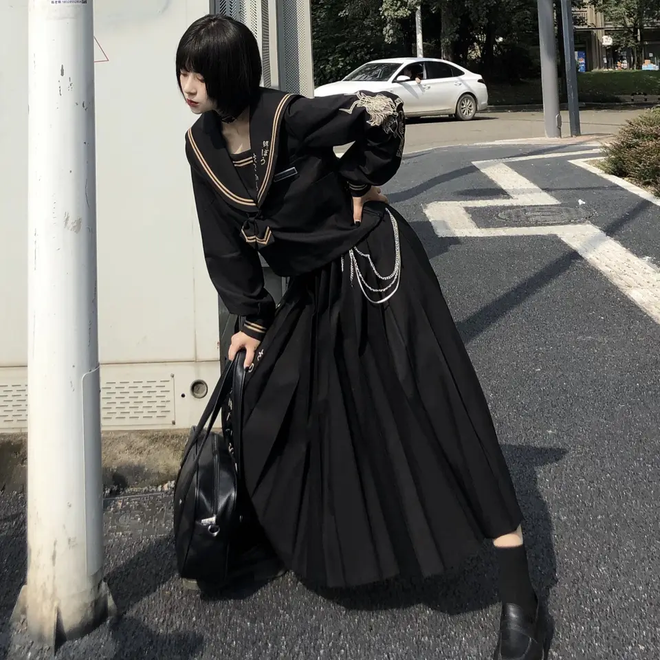 Japonská škola JK JK JK Uniforma Dark Bad Long sukňa lapa Sailor Surir Girl Bunda College College Style Dlhý rukáv Uniforma Kórejská