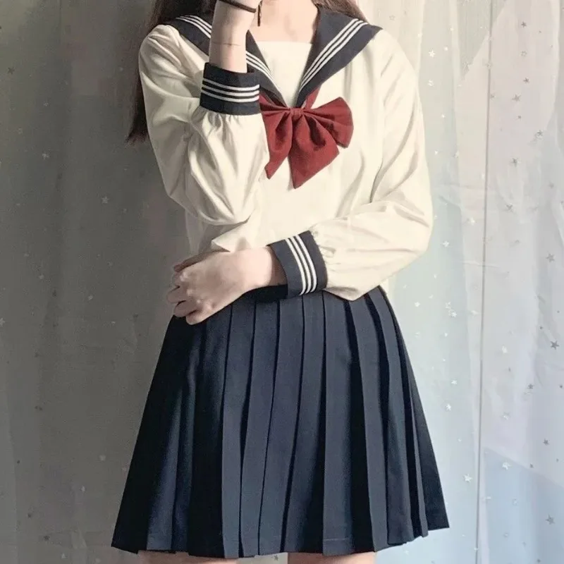 Japonská školská uniforma JK Suit Sexy Spring a jesenná červená kravata biela Tri základné námornícke uniformy Ženy s dlhým rukávom