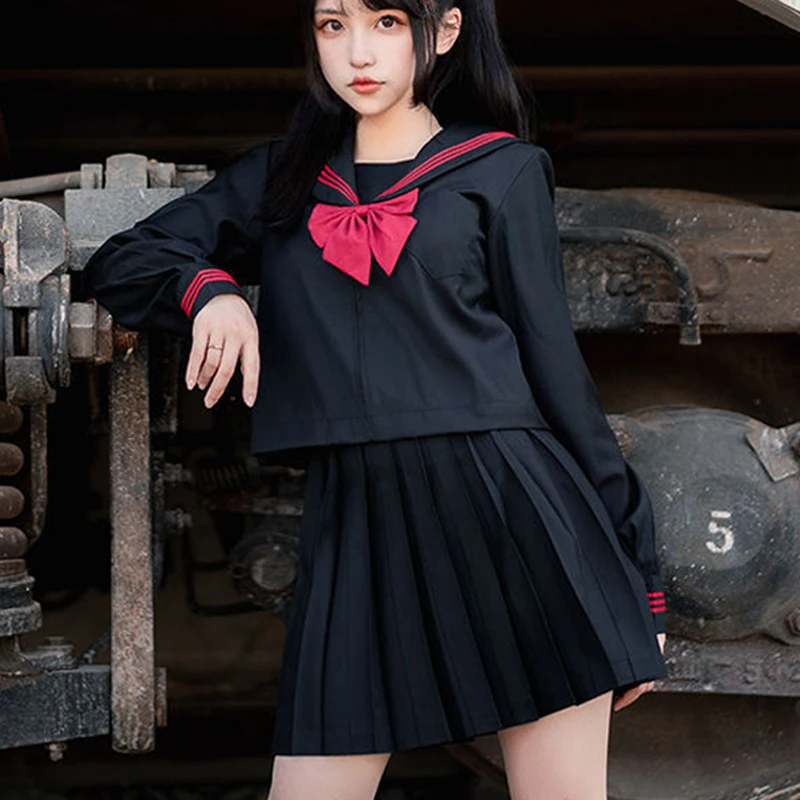 Japonská školská uniforma S-2xl Študent JK Uniforma Čierny červený námorník outfit Girl Sexy Seifuku Sailo blúzka blúzka skladaná sukňa