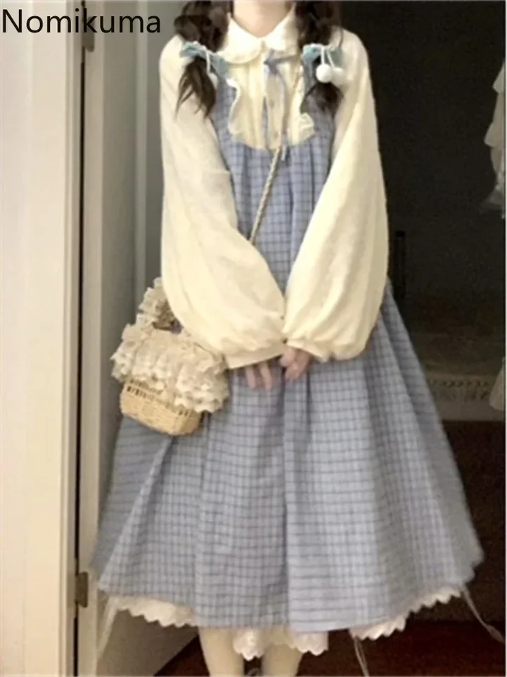 Japonská žena šaty elegantné falošné dve kontrastné farebné kockované rúcho femme 2024 Vestidos de Mujer Preppy Style Sweet Ruffles šaty
