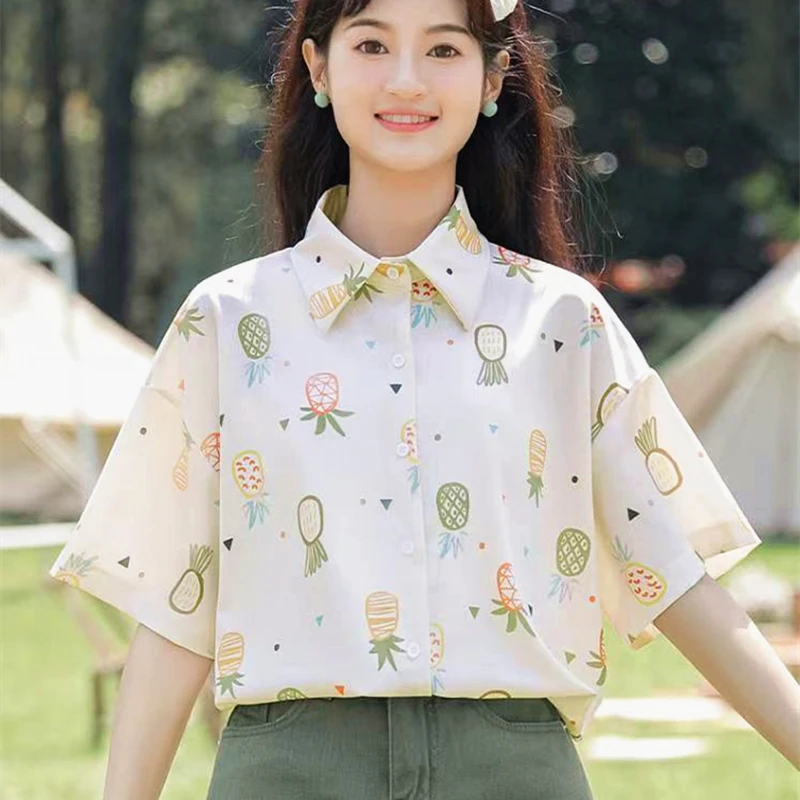 Japonské anime roztomilé ovocie Plne tlačené šifónové blúzky Ženy Študenti Dievčatá Kawaii Button Up Tirls letné polovičné rukávy Tops