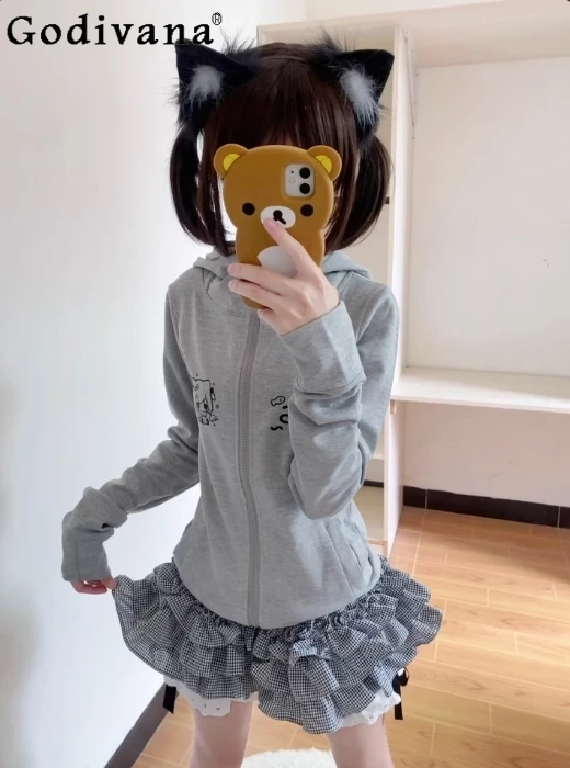 Japonské dievča Kawaii Gray Cardigan Coat Dámske jesenné príležitostné štíhle subkultúry mačiek s kapucňou s dlhým rukávom mikiny