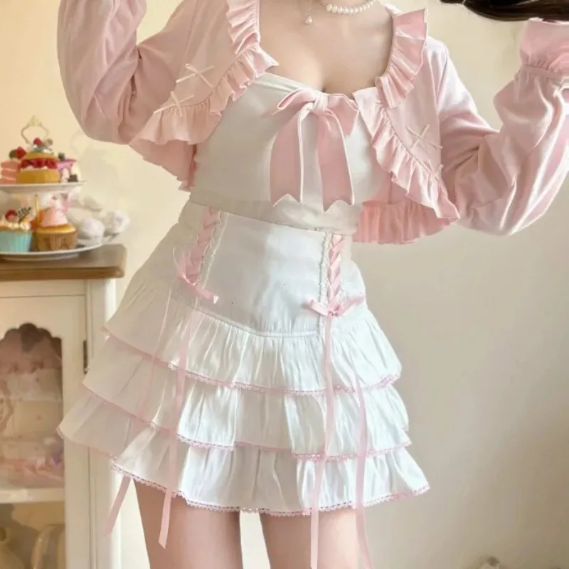 Japonské dievčatá Harajuku Kawaii Lace Pleat sukne Ženy Vysoký pás šnurovac
