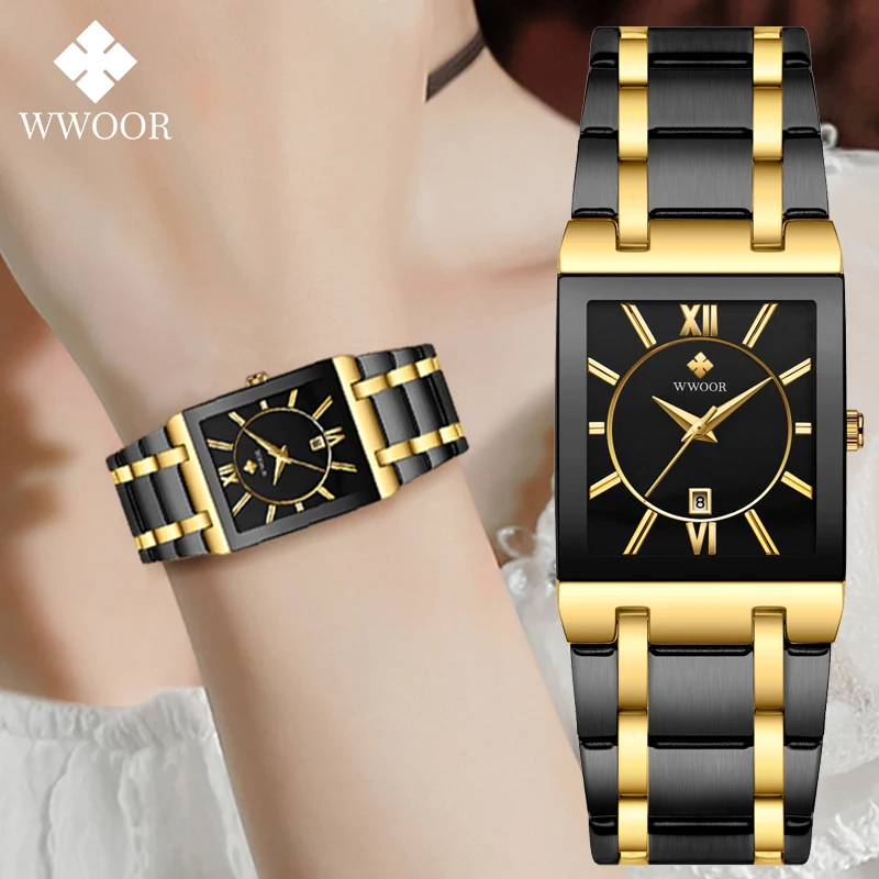 Japonské hodinky Quartz Wwoor Dámske hodinky hodinky Značka Top Black Gold Square hodinky z nehrdzavejúcej ocele vodotesné módne dámske náramky