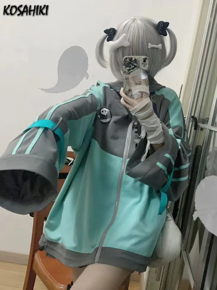 Japonské kawaii kapucne kapucne Ženy Vintage y2k estetické nadmerné streetwear tops tops harajuku grunge zips makinu sudaderas
