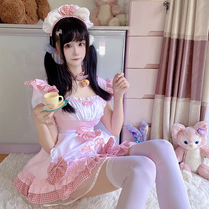 Japonské kawaii slúžky Outfits plus veľkosti Plaid zástery slúžky Cosplay kostýmy anime mačka dievča sladké študentské večierky princezná šaty 2023
