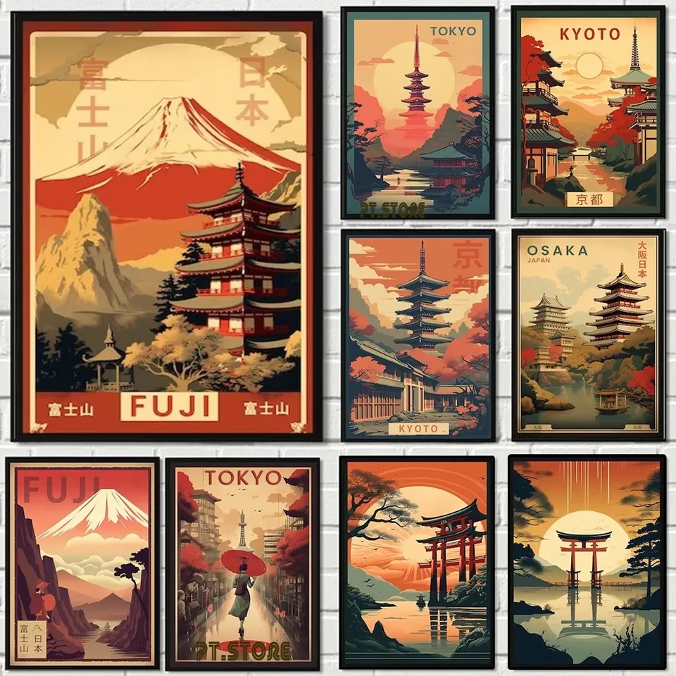 Japonské mesto cestovné plagáty Art tlač Kjóto Mount Fuji Landmark scenéria plátno maľba obývacia izba nástenná izba Domovod