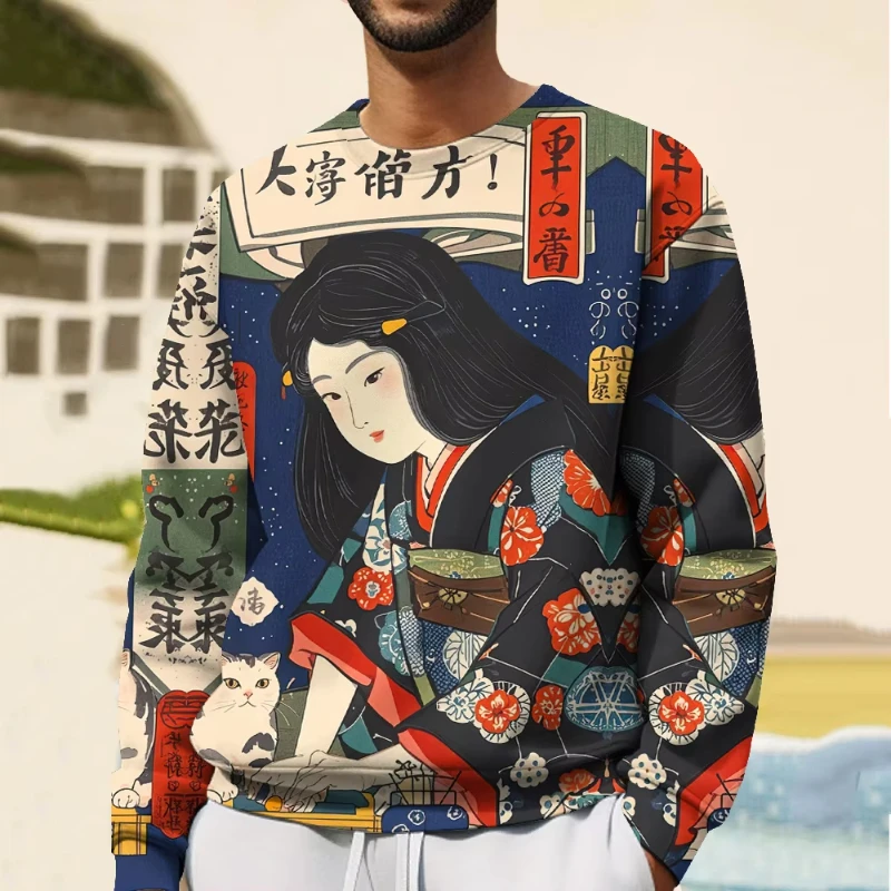 Japonské mikiny pre mužov Ženy CrewNeck Strhirt Ukiyoe Graphic Pullover Tops 3D tlačené príležitostné náhodné prerozdelené pánske oblečenie