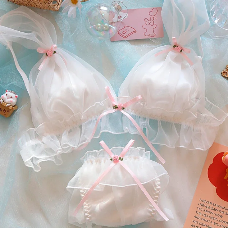 Japonské mäkké dievča Bras spodná bielizeň Škola Študent Lolita Underwear Mesh Ruffles Pink Bow Sladká intímna rozprávková podprsenka a nohavičky