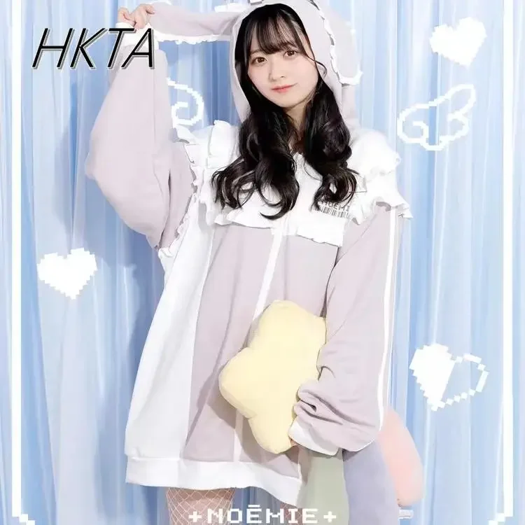 Japonské oblečenie jesenná zima Nový dlhý rukáv roztomilý karikatúra tlačová kapucňa bunda Žena roztomilý lolita s kapucňou kabát ženy