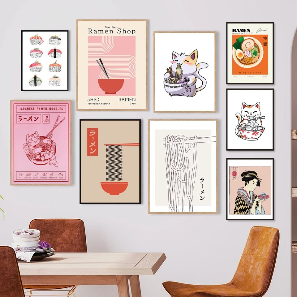 Japonské ramen rezance Cat ilustrované umenie Art Tlat Watercolor Sushi plagát kuchynská stena maľba maľba maľba Japan Restaurant Decor