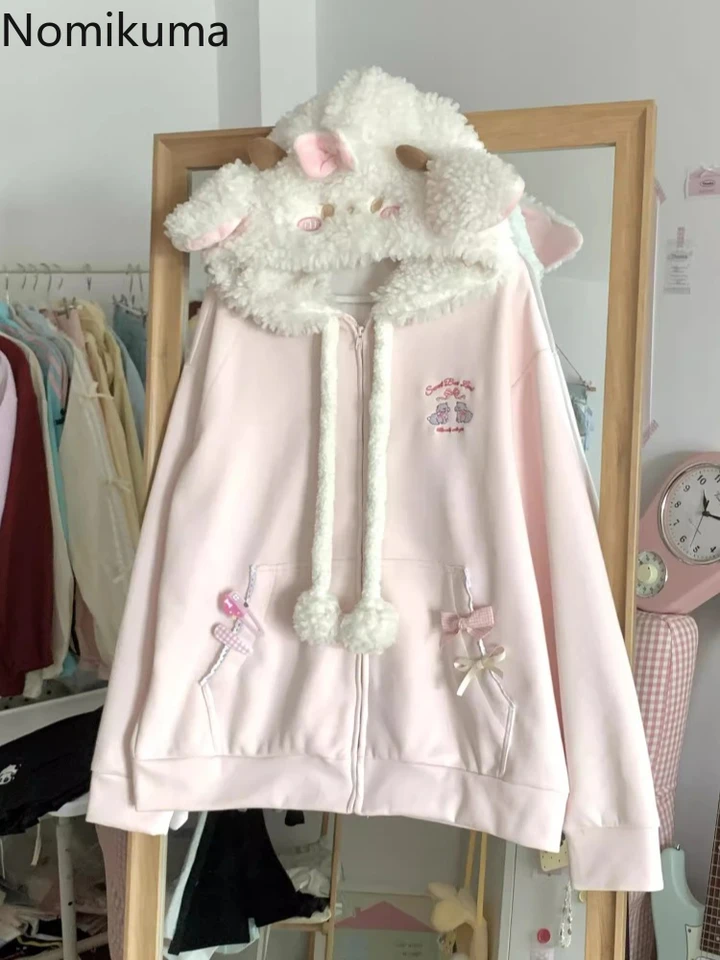 Japonské roztomilé mikiny 2024 Dámske oblečenie Preppy Style Y2K bundy Ropa Mujer s kapucňou ovčie vyšíva
