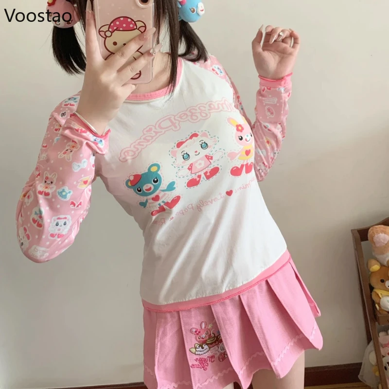 Japonské sladké lolita tričká Ženy roztomilé y2k karikatúra tlač s dlhým rukávom tričká Spring jesenné dievčatá harajuku grunge kawaii topy