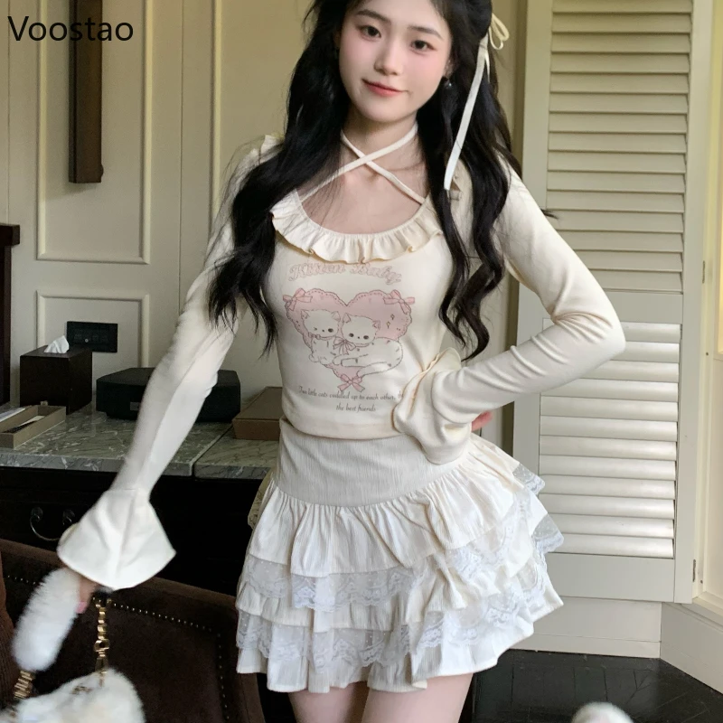 Japonské sladké lolita v štýle tričká Ženy Kawaii Cartoon Cat Tlač