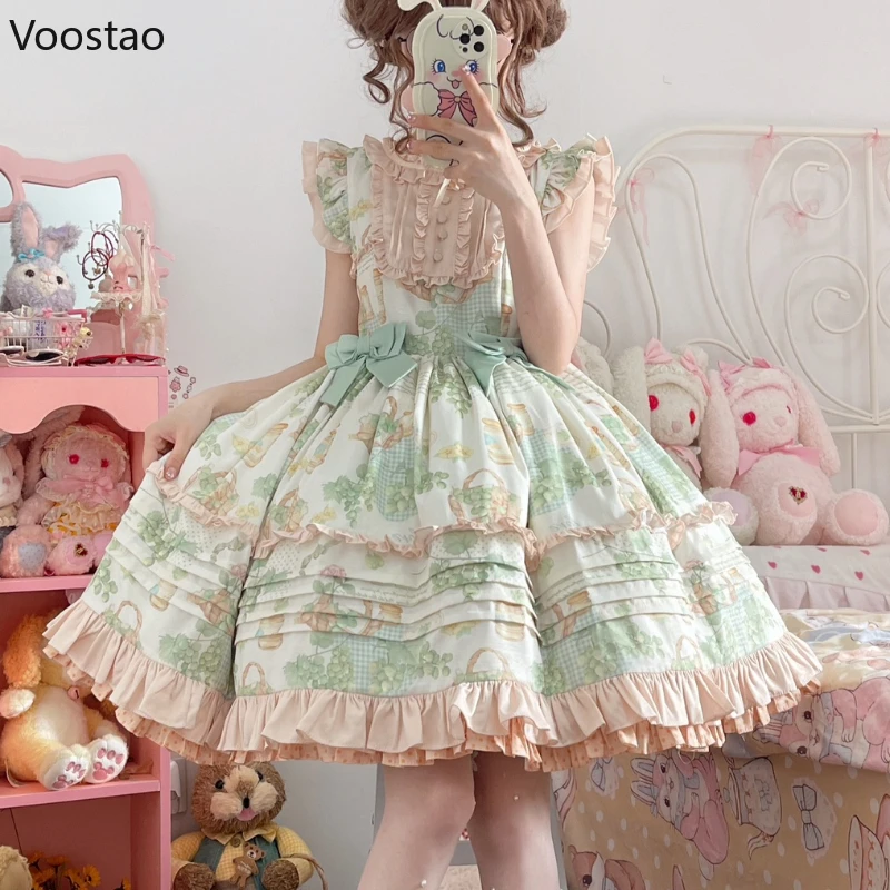 Japonské sladké lolita šaty Ženy viktoriánsky pastoračný štýl princezná šaty Zelený hroznový tlač