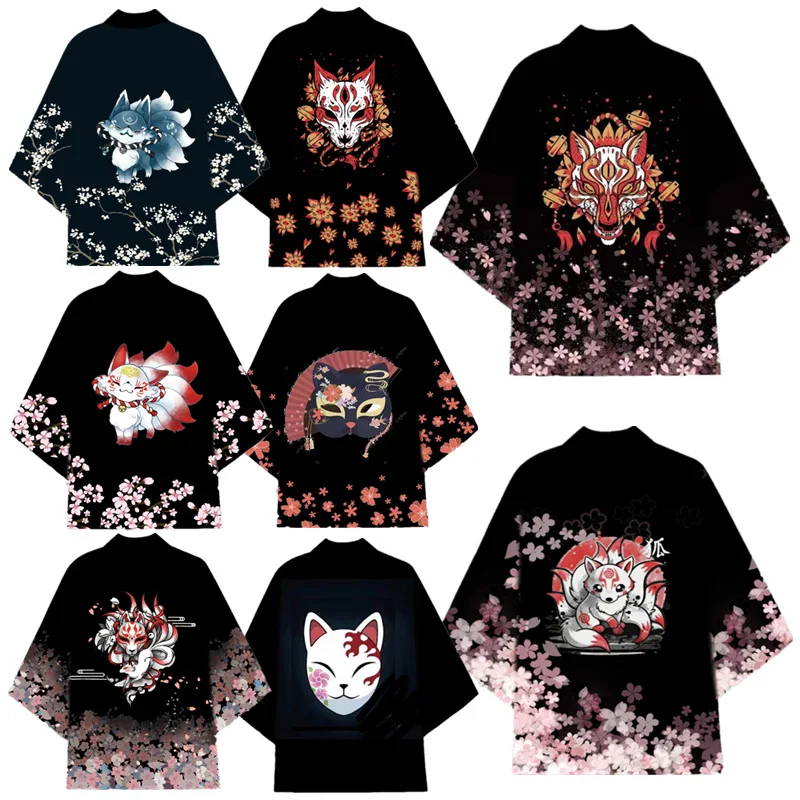Japonskí muži Cardigan kimono tričko Tradičné líšky Japonské samuraj letné laboratórne kabát Yukata Mužský košeľa Vonkajší odev