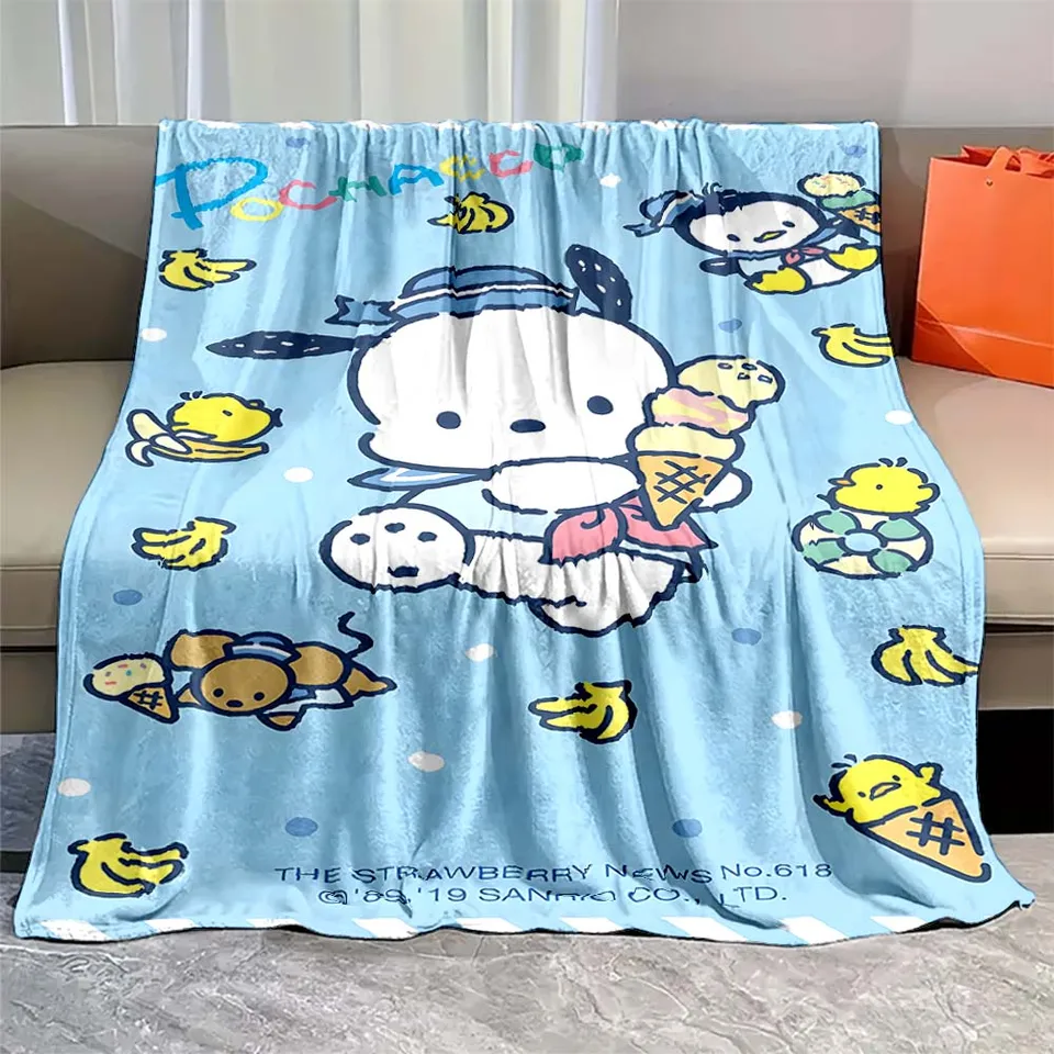 Japonský anime Sanrio Pochacco plyšový nadýchaný mäkký prikrývka 4 sezóna roztomilý teplý flanel kancelária poludnie poludnie kawaii prikrývka darčeky