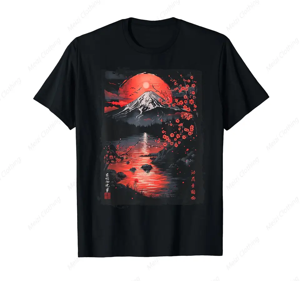 Japonský cestovný suvenír čerešňový kvet sopky scény Pánske tričko Cool módne pánske bavlnené darčeky s krátkym rukávom