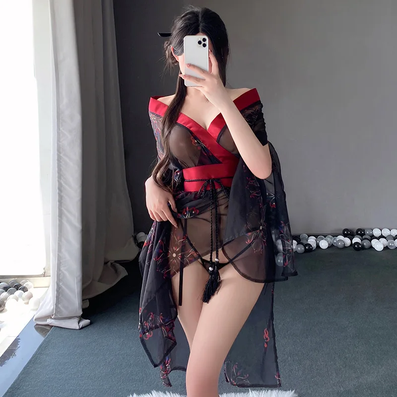 Japonský fantómový tlačený kimono set žien Sexy spodná bielizeň krížový golier dizajn hlboký V štiepenie čierne exotické kostýmy
