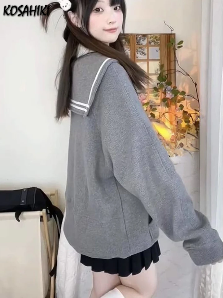 Japonský grunge lista výšivka mikina harajuku vintage námorník golier zipsová bunda Casy Mikina y2k estetické streetwear