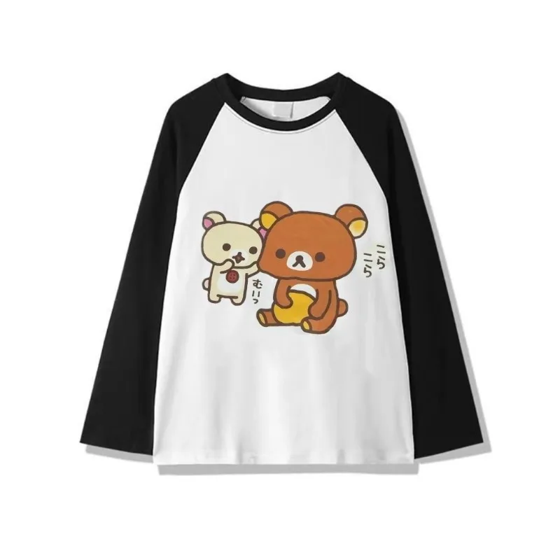 Japonský kawaii Cartoon Bear Tlač Tričko Čierne biele šitie s dlhým rukávom Tshirt Rilakkuma Loose Top Top of Youngful Women.