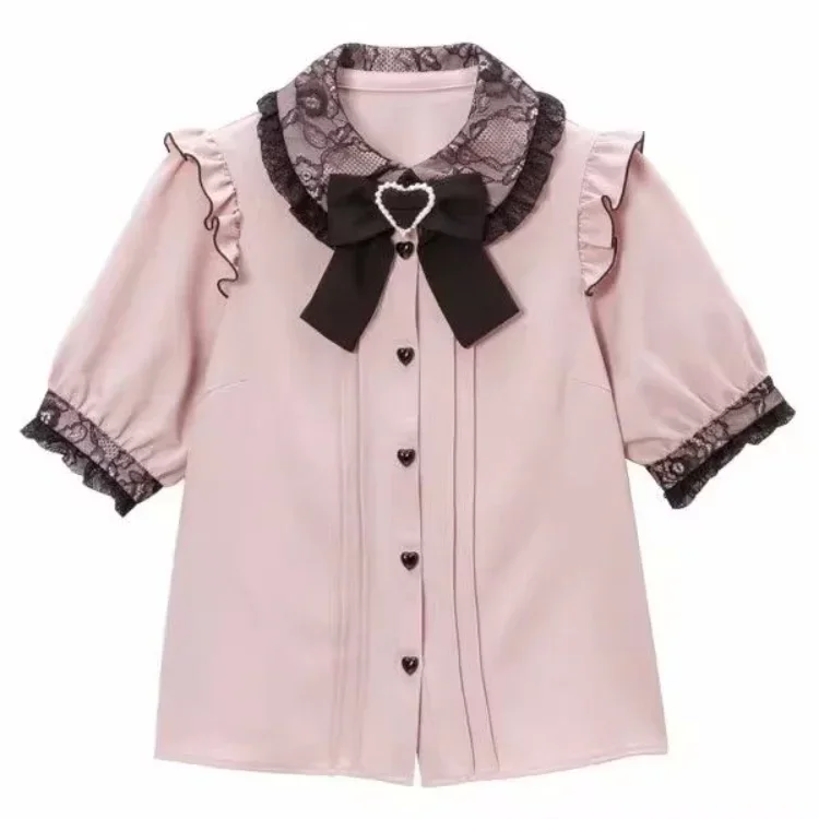 Japonský kawaii klopa krku na krk košele Ženy letné blúzky s krátkym rukávom Lolita blúzky y2k grunge grunge gombíky blusas majer