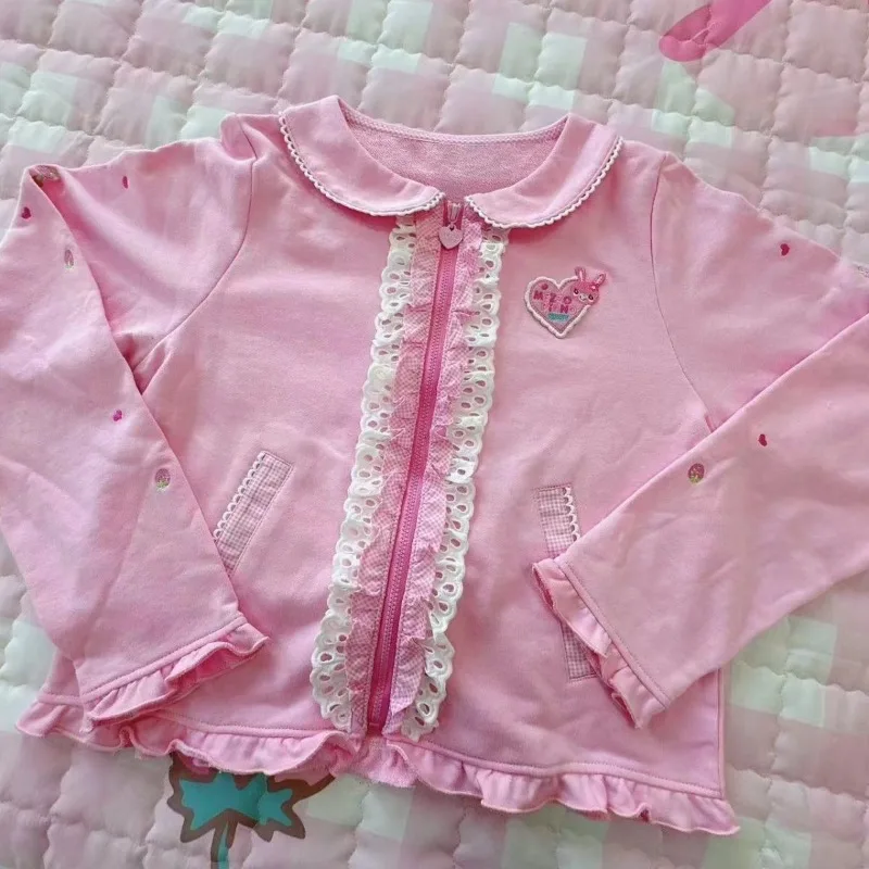 Japonský kawaii lolita v štýle karikatúry vyšívacie kabáty Sladké peter Pan Collar Short Jacket Y2K estetické grunge vreckové topy
