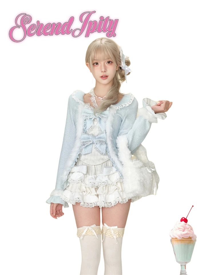 Japonský kawaii Vintage 3 -kusové súpravy Jeseň Y2K Sweet Bow Pleted Sweater Suits Women Casual Y2K Caridgan Coats + Mini sukne