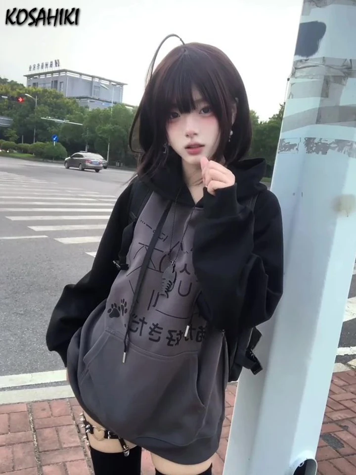 Japonský kawaii y2k estetické patchworky mikiny Ženy vintage karikatúra tlačia